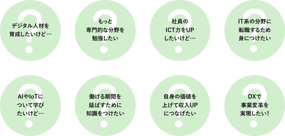 デジタル人材を育成したいけど…／もっと専門的な分野を勉強したい／社員のICT力をUPしたいけど…／IT系の分野に転職するため身につけたい／AIやloTについて学びたいけど…／働ける期間を延ばすために知識をつけたい／自身の価値を上げて収入UPにつなげたい／DXで事業変革を実現したい！