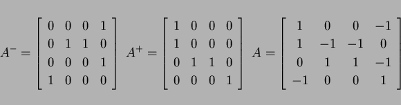 \begin{displaymath}
A^-=
\left[
\begin{array}{cccc}
0 & 0 & 0 & 1 \\
0 & 1 & 1 ...
... & 0 \\
0 & 1 & 1 & -1 \\
-1 & 0 & 0 & 1
\end{array}\right]
\end{displaymath}