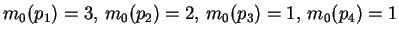 $m_0(p_1)=3,\,m_0(p_2)=2,\,m_0(p_3)=1,\,m_0(p_4)=1$