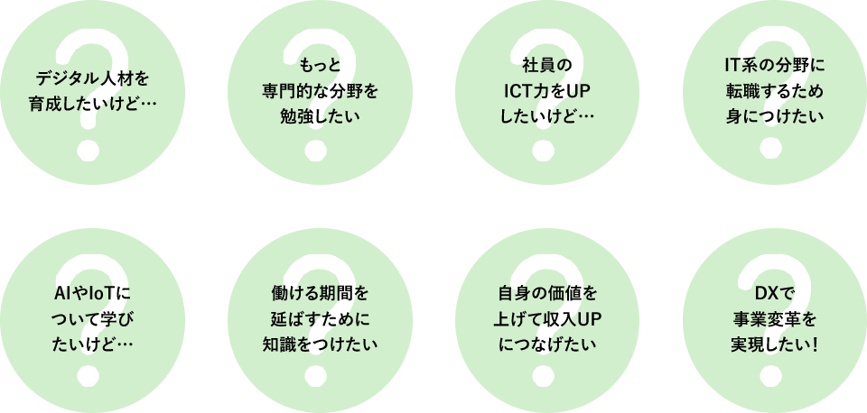 デジタル人材を育成したいけど…/もっと専門的な分野を勉強したい/社員のICT力をUPしたいけど…/IT系の分野に転職するため身につけたい/AIやloTについて学びたいけど…/働ける期間を延ばすために知識をつけたい/自身の価値を上げて収入UPにつなげたい/DXで事業変革を実現したい!